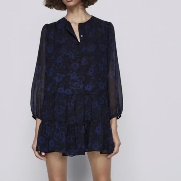 ZARA Long Sleeve Black With Blue Print Chiffon Type Dress. Size L. P4/A - Picture 1 of 9